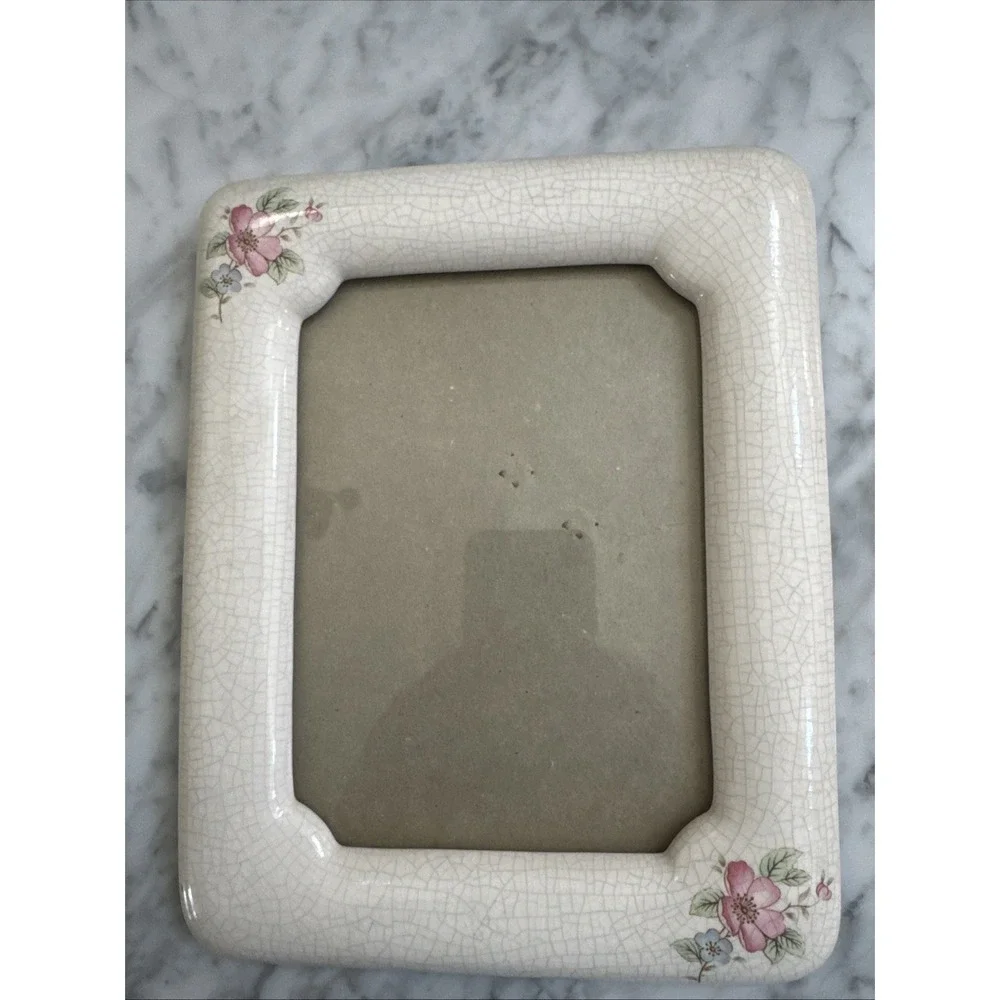 VTG Ceramic Porcelain Floral Picture Frame 5X7 Cottagecore Crackle Glaze Shabby